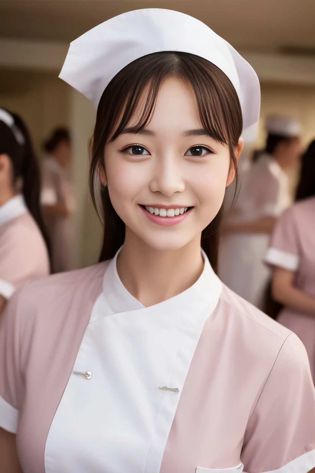 Miss Cabaret、white nurse uniform、2people々、high quality、surreal、healthy、smile、Perfect slender figure、日本の美people々、beautiful eyes、perfect face、beautiful skin、The background is pink