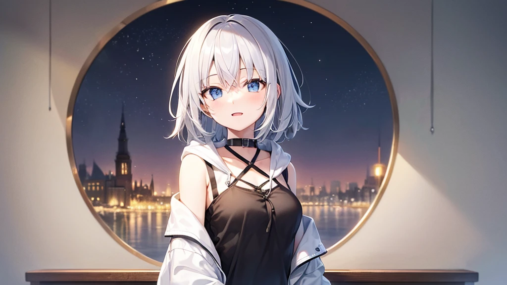 super high quality, with a girl, 20-year-old, very short hair, long bangs between the eyes, pale blue eyes , very detailed,(masterpiece、highest quality)、alone、gray hair、laughter、White skin as clear as snow、fantasy, silver hair, black eye, beautiful eyes,, ???????, charm, be smitten with audience, fantasyな風景、evening、white hoodie、black shirt