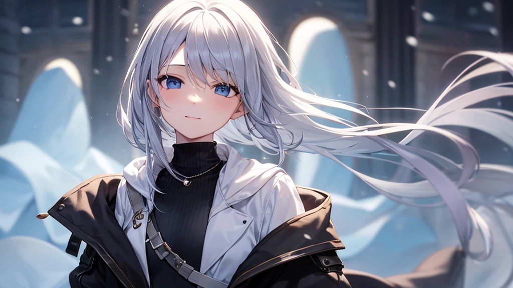 super high quality, with a girl, 20-year-old, very short hair, long bangs between the eyes, pale blue eyes , very detailed,(masterpiece、highest quality)、alone、gray hair、laughter、White skin as clear as snow、fantasy, silver hair, black eye, beautiful eyes,, ecstasy, charm, be smitten with audience, fantasyな風景、evening、white hoodie、black shirt
