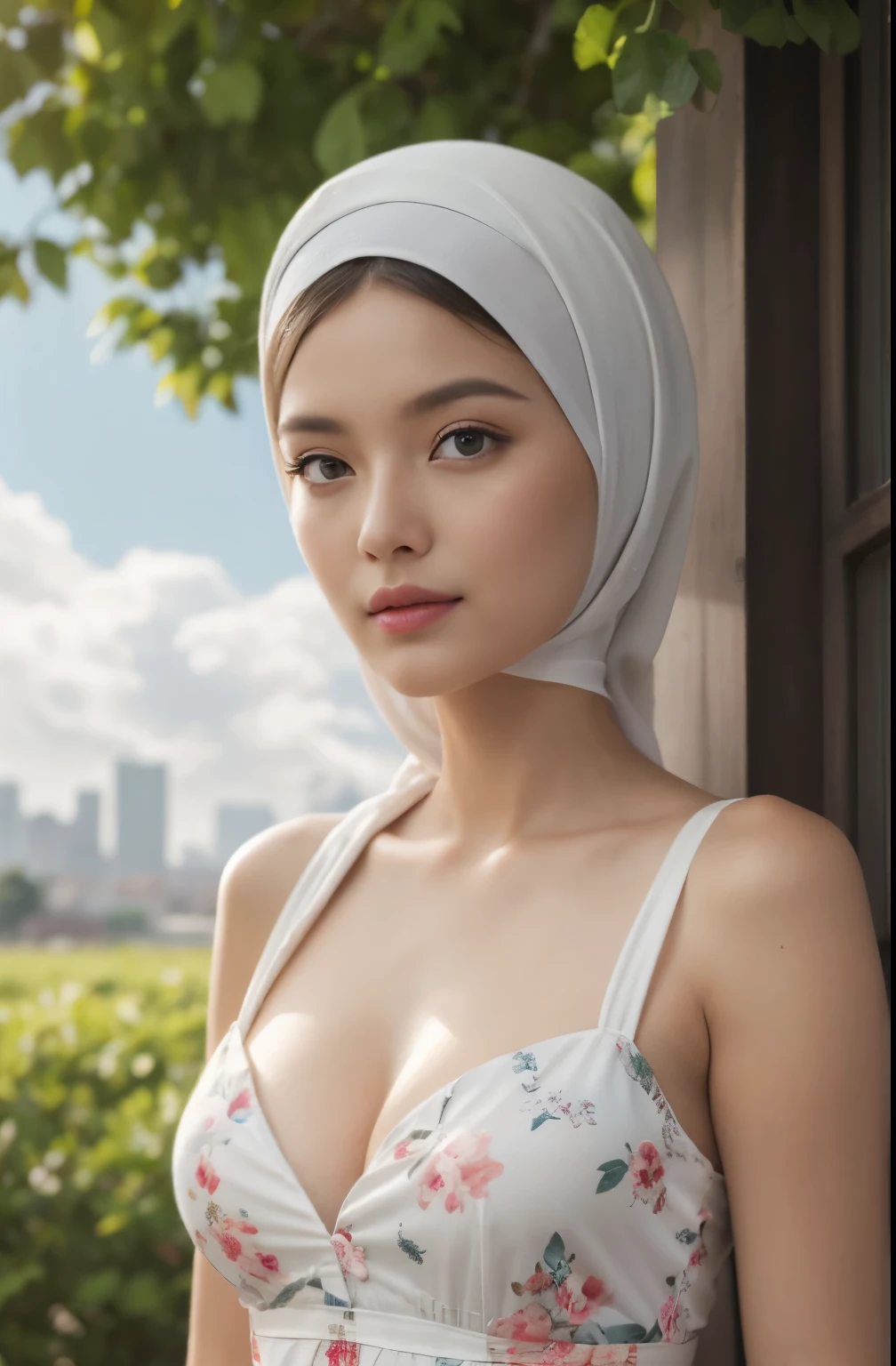 sky,moon, (Close-up of the painting style，Ultra HD 8K，Masterpiece grade CG wallpaper)，Cinematic lighting，cute girly，Delicate and beautiful face，Dreamy pupils，Wearing a small floral short summerdress,round waist,hijabi,Bust poem,Sit，Cloudy background,the trees,florals,夏天,Chinese style buildings, cleavage, magical