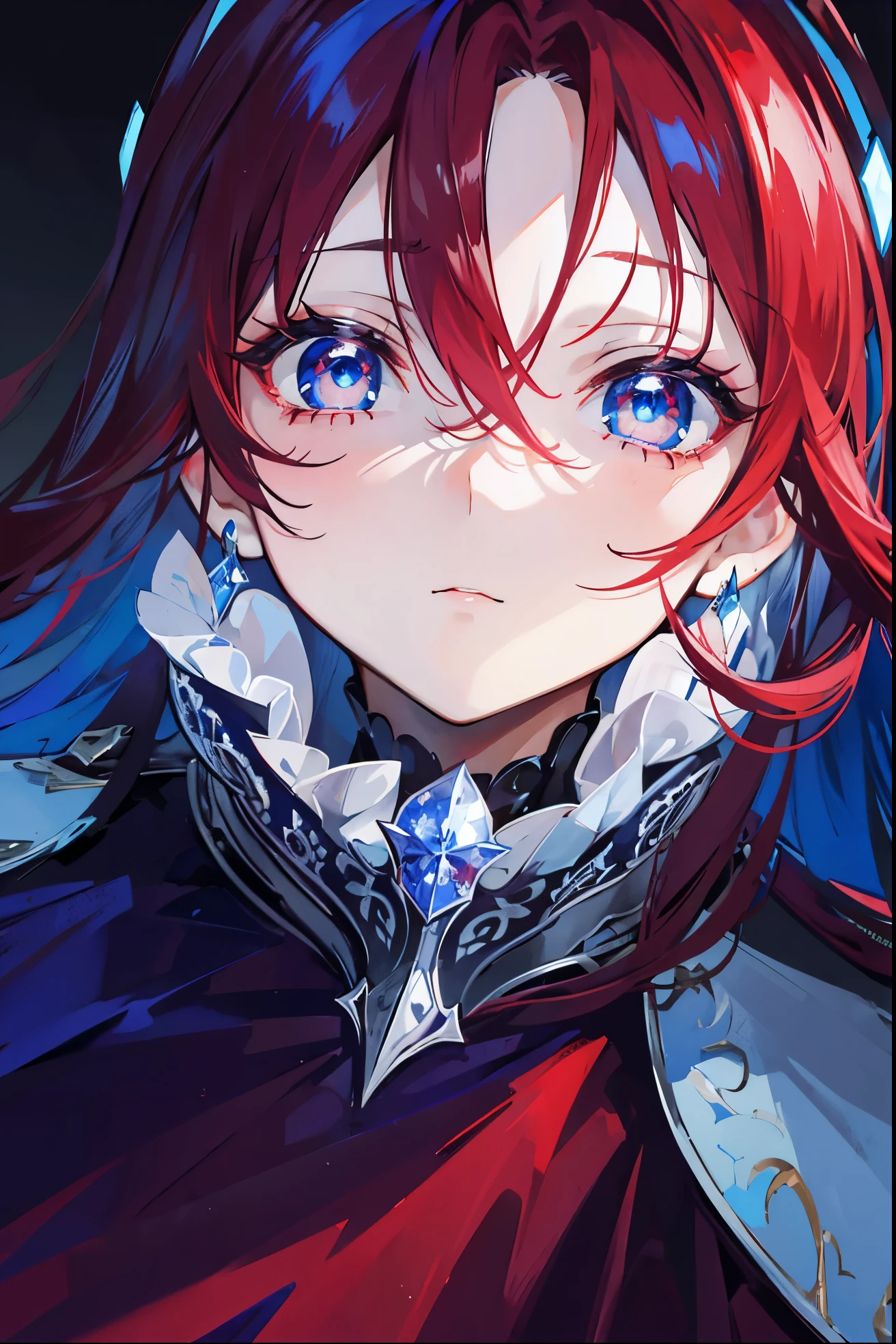 Blue pupils，Dark red and white gown，Long crimson hair，Extremely stunning，glow，super beautifulgirl