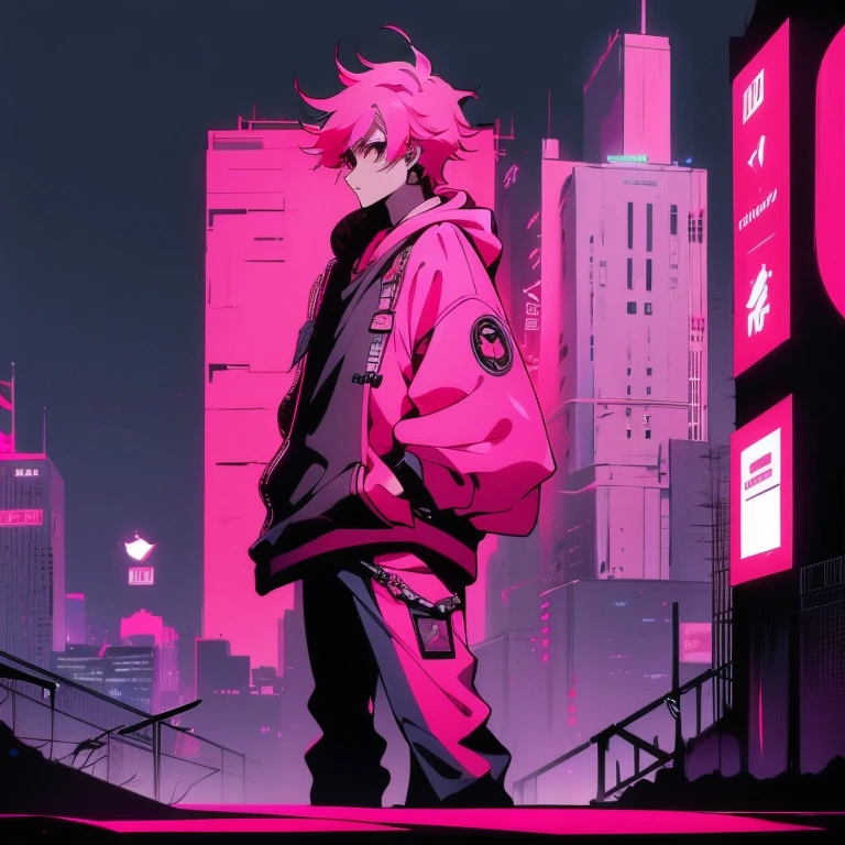(shortcut), (two block hair), (bright pink hair), (male character), (red eyes), (cool pose), (top quality), (masterpiece), (Super detailed), (oversized hoodie), (Street style), (neon), (modern city), (neonデイライト), (cinematic), (stylish), (High resolution), (hyper-detailed), (soft town), (Nightcore), (a handsome guy), (listening to music while wearing headphones), (natural appearance of the building), (casual), (IG studio anime style), (standing pose), (Shooting from a low angle), (looking at the camera), ()