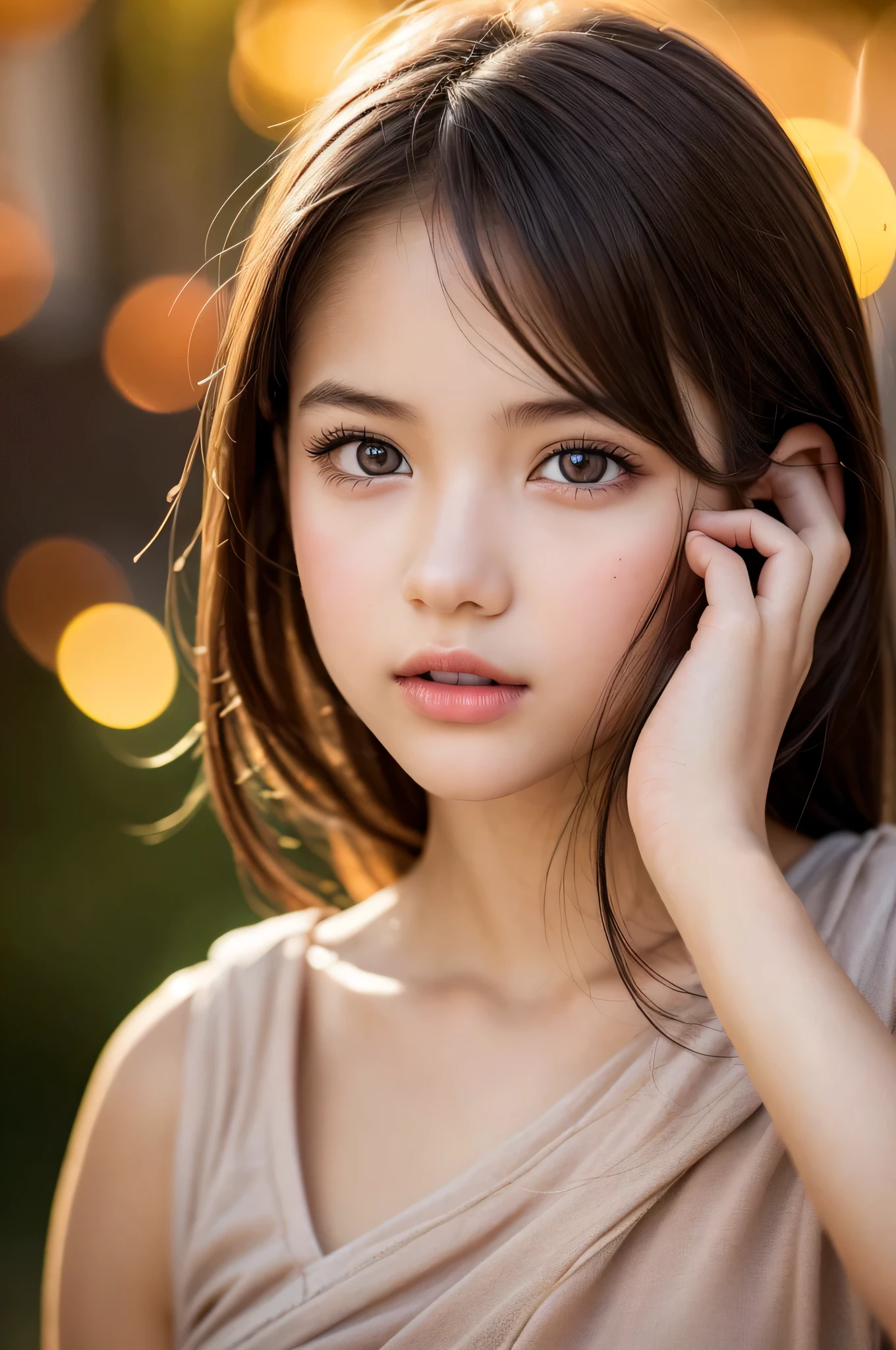 (best quality), (ultra-detailed), (illustration), (detailed light), (an extremely delicate and beautiful), ung girl, brown hair, brown eyes, model, bare shoulders, best quality, extremely detailed CG unified 8k wallpaper, High-definition raw color photos, professional photograpy, (((Bokeh))), depth of fields, twilight, sunset,