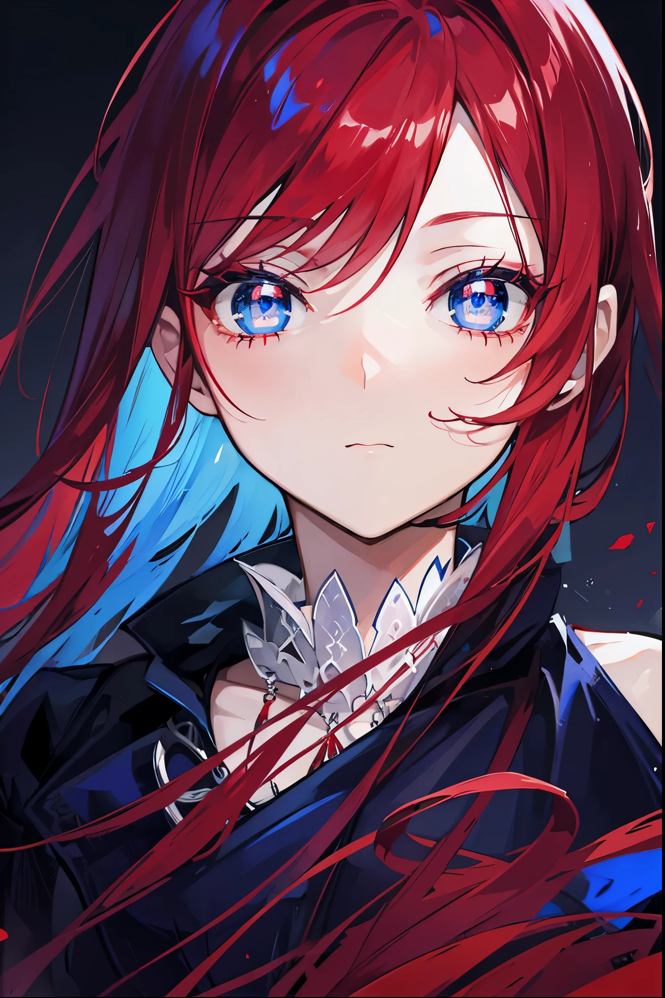 Blue pupils,Dark red and white gown,Long crimson hair,Extremely stunning,glow,super beautifulgirl