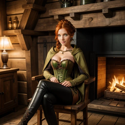 beautiful girl, age 30, ginger hair, skinny, thin, tall, green eyes, (blue patchwork medieval corset), small red cloak with hoodie, tight black leather laced up leggings, small waist, brown leather pixie boots, (large breasts:0.3), cleavage, thick braided hair in a bun, sitting on a wooden chair, fireplace behind, legs crossed, in a wooden medieval cottage, glowing witch magic potions on shelves, facing camera, anatomically correct, textured skin, award winning, highres, 8k, sunlight, full body shot