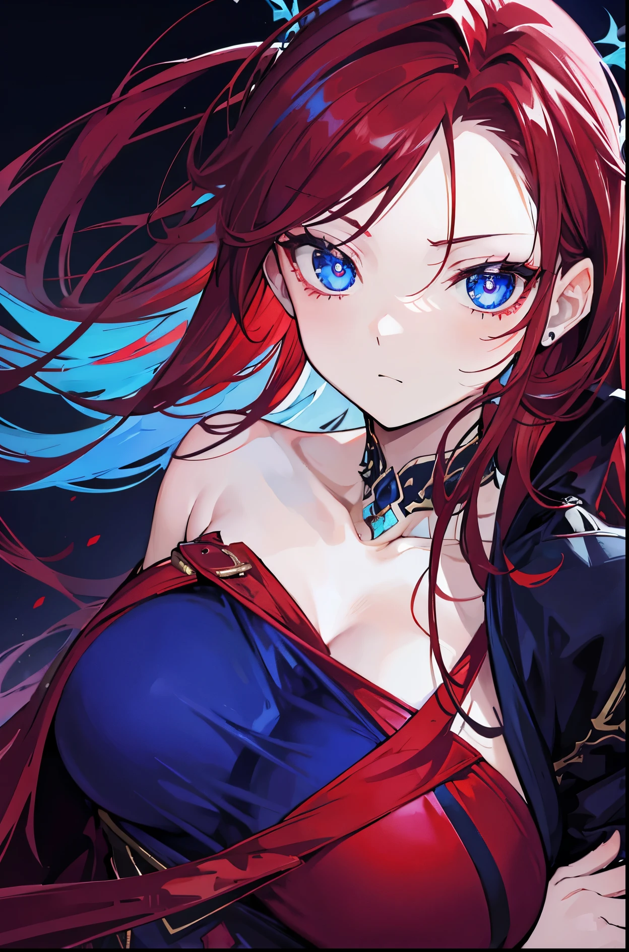 best qualityer,tmasterpiece,Ultimate resolution,downy,Extremely colorful,Colorful,Dragon beauty,Mature face shape,Long red and blue hair,blue color eyes,(Long red and blue hair),Redlip,Long messy hair,A pair of dragon horns,A pair of dragon wings,a matural female,Crop topping,Superskirt,The kinky is exposed,Sanctuary,Skysky,Normal posture