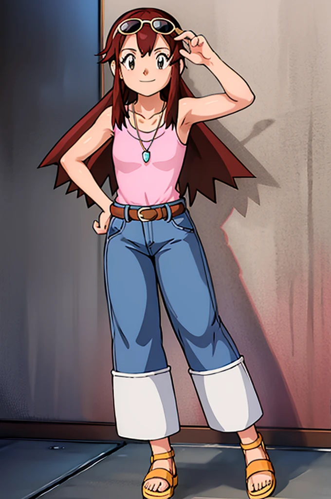 Melody, 1girl, solo, breasts, looking at viewer, smile, simple background, shirt, white background, holding, jewelry, closed mouth, standing, collarbone, full body, sleeveless, belt, pants, hand up, necklace, hand on hip, brown eyes, bare arms, sleeveless shirt, toes, sandals, sunglasses, pink shirt, blue pants,