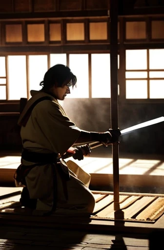 Forge、blacksmith、forging a sword、A workshop that makes swords、placing the sword on the anvil、The sword is placed on a metal stand、Hitting the sword with a hammer、Sparks are coming out from the struck sword、sparks are flying、There is a furnace that melts iron、bellows、sword on the anvil、hitting the sword with a hammer、Finally holding a sword、Holds a sword with large pliers、A red-hot sword、kimono、sash hanging、hitting with a hammer、A sword is displayed on the wall、Old Man、lean muscular、stubble、serious expression、drenched in sweat、dramatic lighting、side light、High definition、Extremely precise、Extremely detailed、highest quality、masterpiece、ray tracing、Depth of bounds written