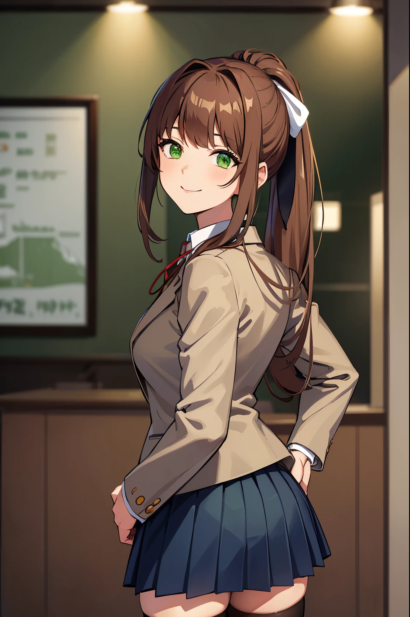 (masterpiece), best quality, expressive eyes, perfect face, highres, ddlcmonika, blunt bangs, brown hair, (green eyes:1.5), long hair, ponytail, ribbon, white ribbon, hair ribbon, sidelocks, black thighhighs, blue skirt, brown jacket, jacket, long sleeves, mary janes, over-kneehighs, pleated skirt, school uniform, shoes, skirt, thighhighs, zettai ryouiki, smiling, indoors, classroom background, stanidng, portrait, looking at the viewer, from behind and frontal, butt
