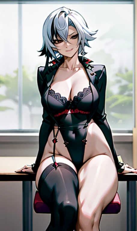 NSFW, ((POV)), arlecchino, arlecchino from genshin impact, school girl, school uniforms, short skirt, big tits, cool girl, a quiet and serious girl, badass, firm expression, evil smile, look down, sexy model pose, school background, fine background, leg loops, black stocking, full body, sitting on the sofa, bra, sexy black underwear, leaning.