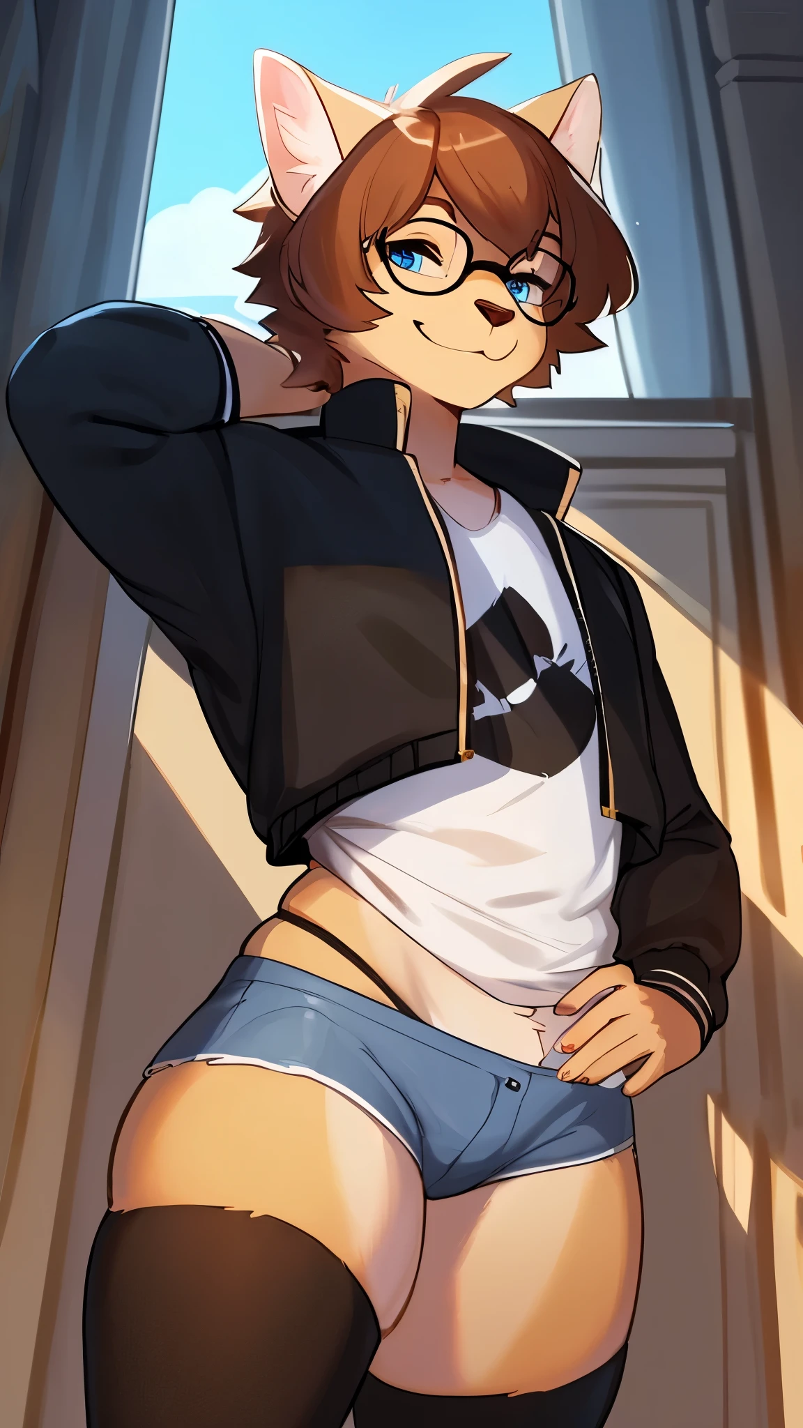 By bebebebebe, by lostgoose, by goonie-san, solo, snout, ears, feline, siamese cat, pale blue eyes, brown hair, short hair, hair bangs, muscular, smiling, happy, ((curvy)), brown upper face, offwhite fur, male, (adult, mature), graphic tee shirt, short shorts, black thigh-highs, (convas jacket), ((rectangular glasses))