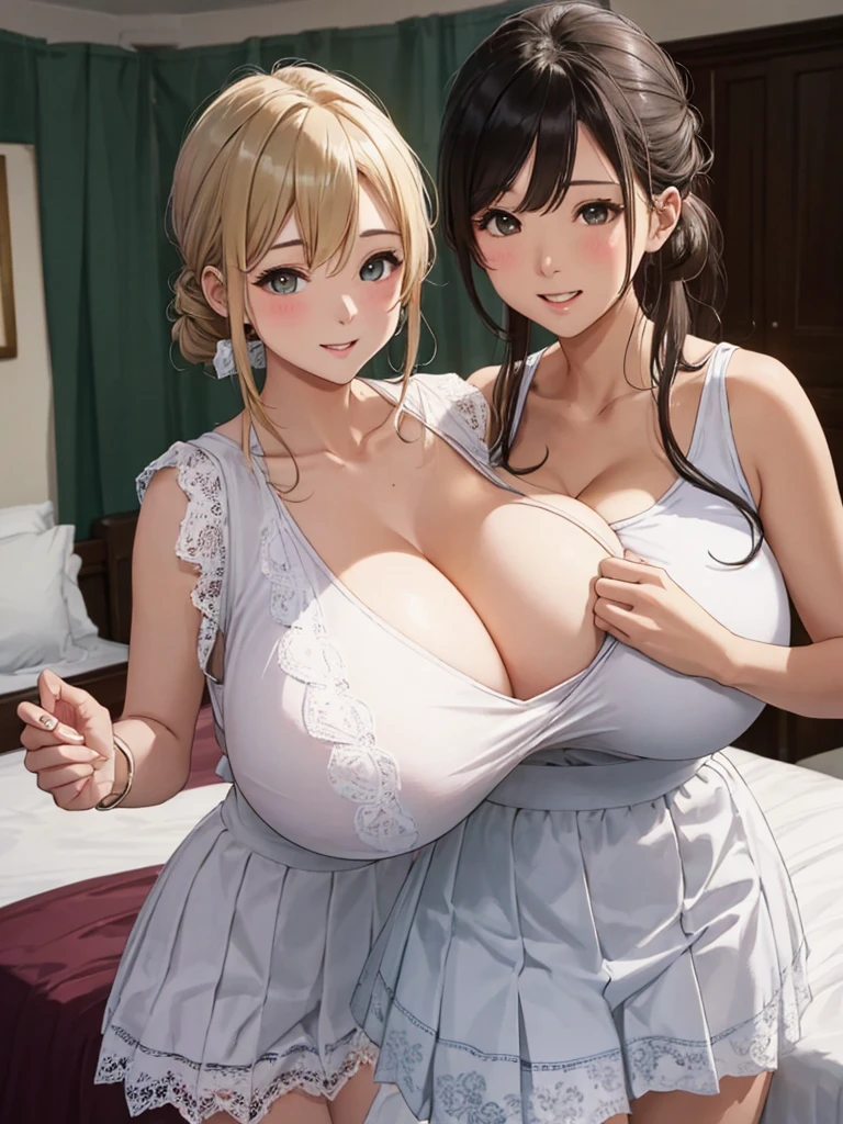 highest quality、High resolution、High definition、Beautiful  girl、two women、cute hairstyle,perfect skin,(huge breasts:1.6)、sexual expression、lie on the bed、cute bedding、
white pleated skirt、White Tennis Dress、cute tennis dress。Something with frills or lace details、shorts、テニスドレスの下にはshortsを着用しましょう。emphasize cleavage、Panty shot、panty shot、show one&#39;s side