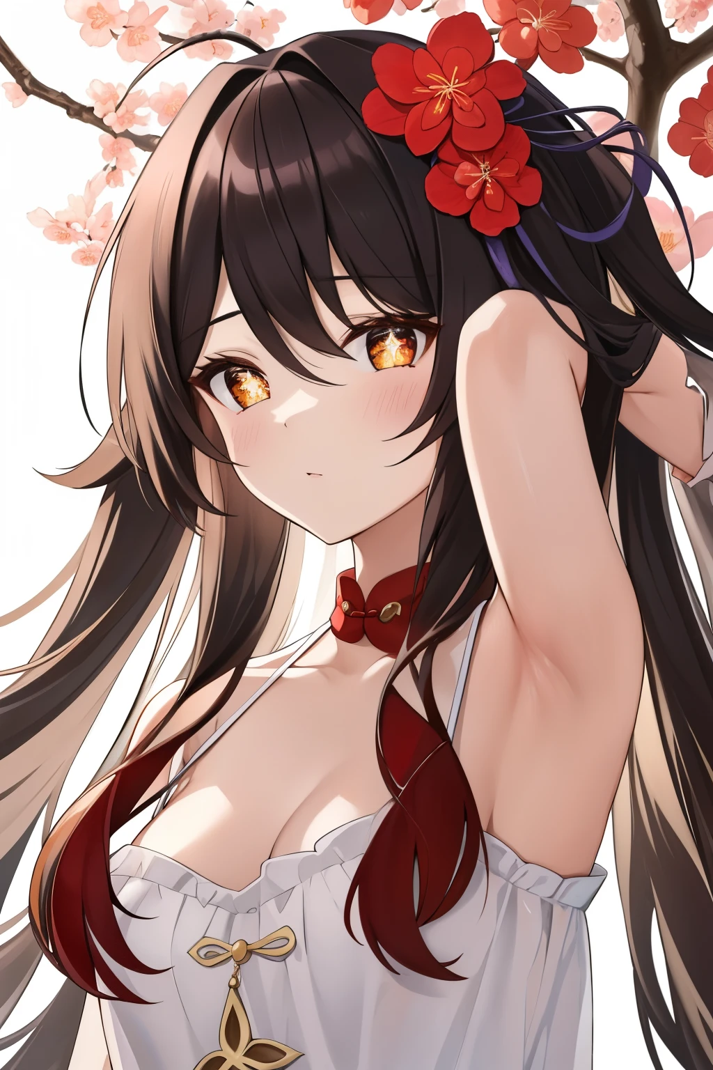 HuTaoV4,1girl,solo,long hair, off shoulder, collar bone, cleavage, look at viewer, perfect fingers, armpit peek, frill,  Beautiful flowers bloom, (sparkles), (There is a blooming sakura)，standing under a tree, (head looking up), Look at the tree, Natural soft light, macaron, Still ethereal, Crisp and smooth lines, radiant morning light, soft luminescent glow, armpit peek,