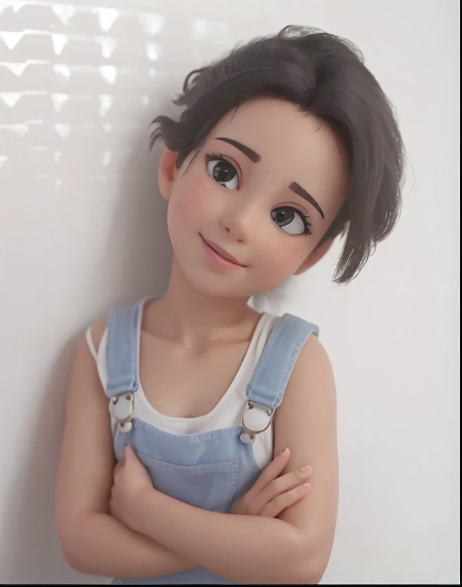melhor qualidade)), ((obra de arte)), (detalhado), rosto perfeito, happy girl with 7 years age, curly hair, camiseta branca, vestindo macacão azul, looking like cartoon caracter.