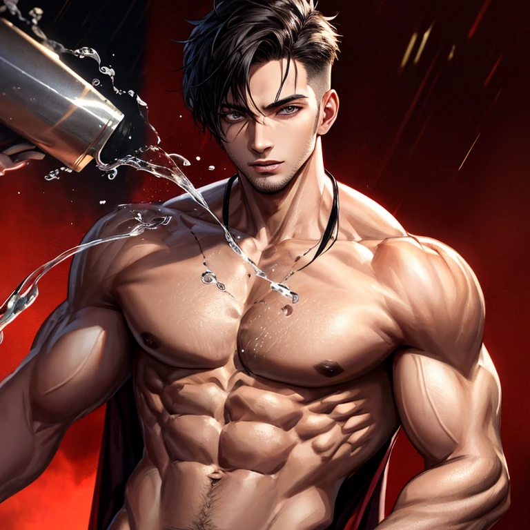 1boy,red background,absurdres,masterpiece,highres,intricately detailed,a gay man,sexy,muscular,strutting outdoors,gorgeous eyes,detailed face,pouring rain,outdoors,global illumination,subsurface scattering,