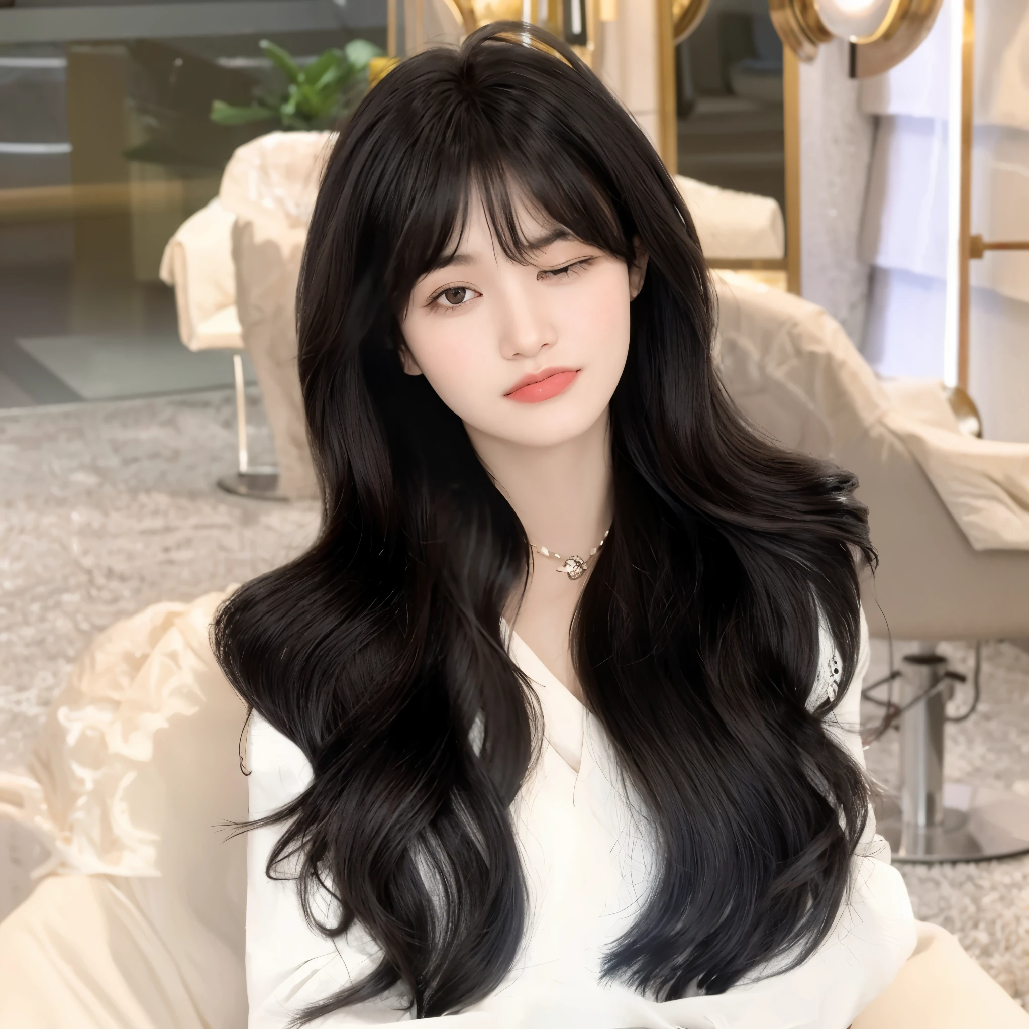Araf woman with long dark hair sitting on chair, 齐long hair with bangs, long black hair,Have bangs, long wavy dark hair, Black bangs wavy hair, long hair with bangs, Have bangs的深色长发, long wavy dark hair, long black curly hair, brown long hair with bangs, she has black hair,Have bangs