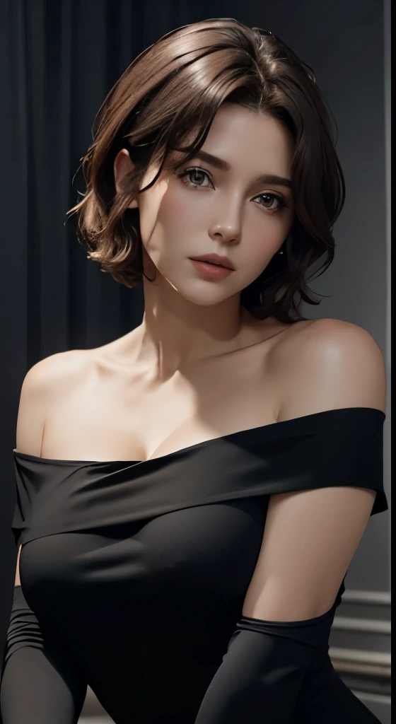 Skin Tight Black Top:1.2、look at viewer、cinematic lighting、perfect、soft light、High resolution skin:1.2、realistic skin texture、30 year old mature woman、small face、no makeup、off shoulder、Bust B Cup、 exposed cleavage、red eyes、short hair、dark brown hair、full nude、gray background、