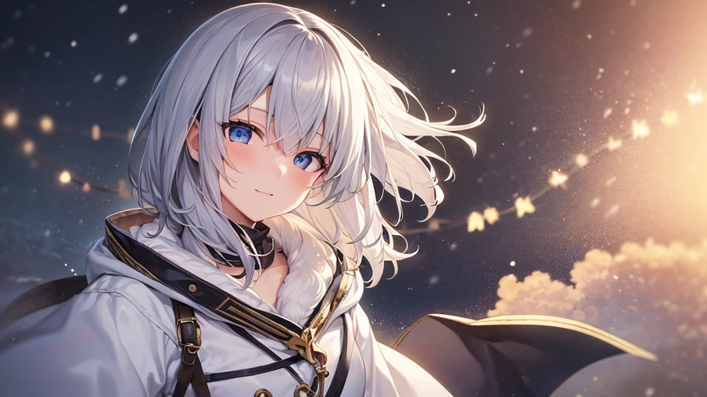 super high quality, with a girl, 20-year-old, very short hair, long bangs between the eyes, pale blue eyes , very detailed,(masterpiece、highest quality)、alone、gray hair、laughter、White skin as clear as snow、fantasy, silver hair, black eye, beautiful eyes,, ecstasy, charm, be smitten with audience, fantasyな風景、evening、white coat