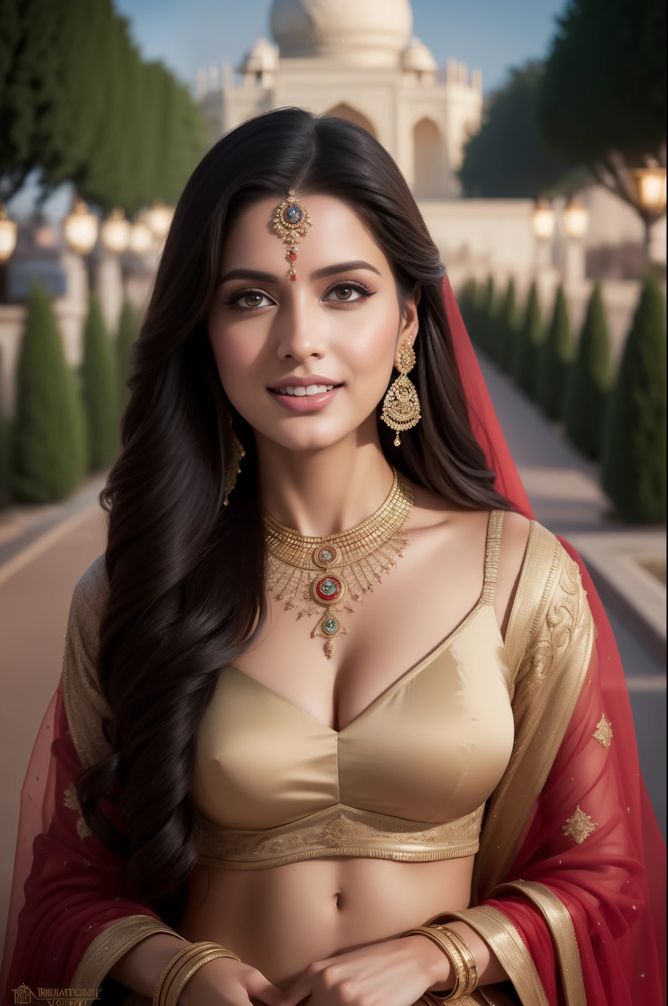 Portrait of A confident-looking indian woman, laughing, royal princess with long flowing hair, hazel eyes, designer jewellery, cleopatra fabric traditional saree from top to bottom, sitting on royal garden with her king, taj mahal background, twilight time, camp fire framing, bokeh, perfect composition, hyperrealistic, super detailed, 8k, high quality, trending art, trending on artstation, sharp focus, photo shoot, intricate details, highly detailed, art by greg rutkowski