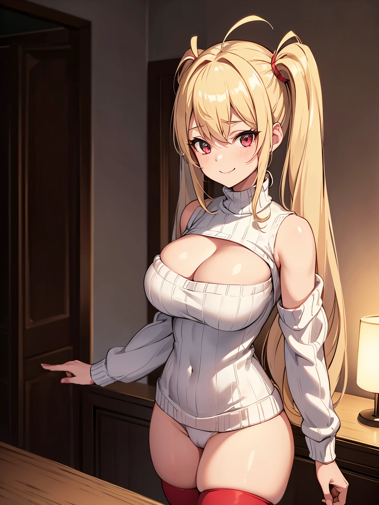 solo, 1girl, light blonde hair, light red eyes, smile, standing, dynamic pose, 8k, masterpiece, best quality, perfect antomy, cinematic lighting, pigtails, blush, smug expression, big breasts, thick thighs, skimpy sweater, cleavage, stockings, one peice