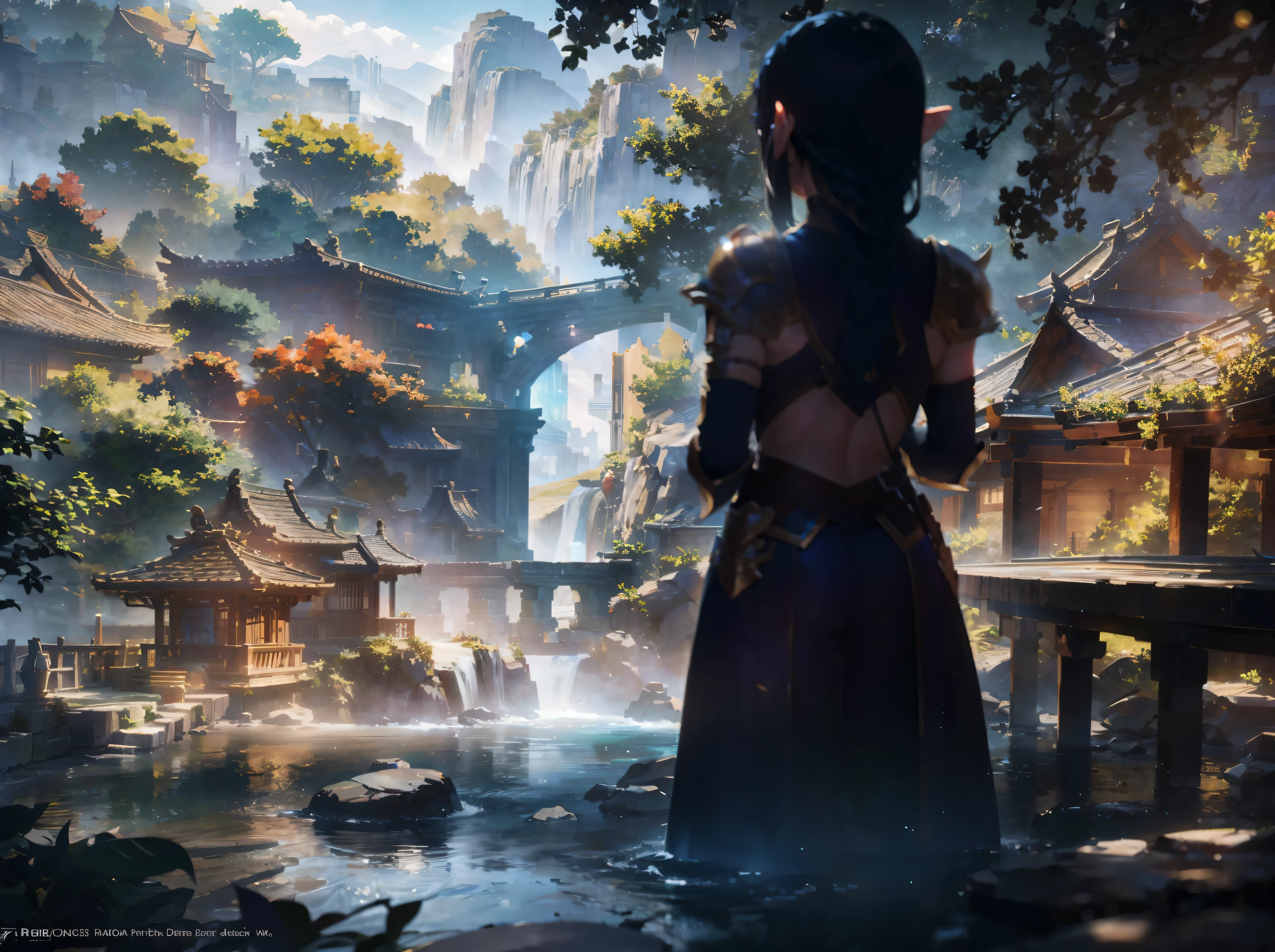 Elf,wide eyes, concept art, glowing eyes,abs, sharp focus, ultra realistic details, cinematic atmosphere,global illumination, shadows, octane render, 8 k, green eyes, background dynamic , river water , landscape , chinese houses , vivid colors , sky cloudy