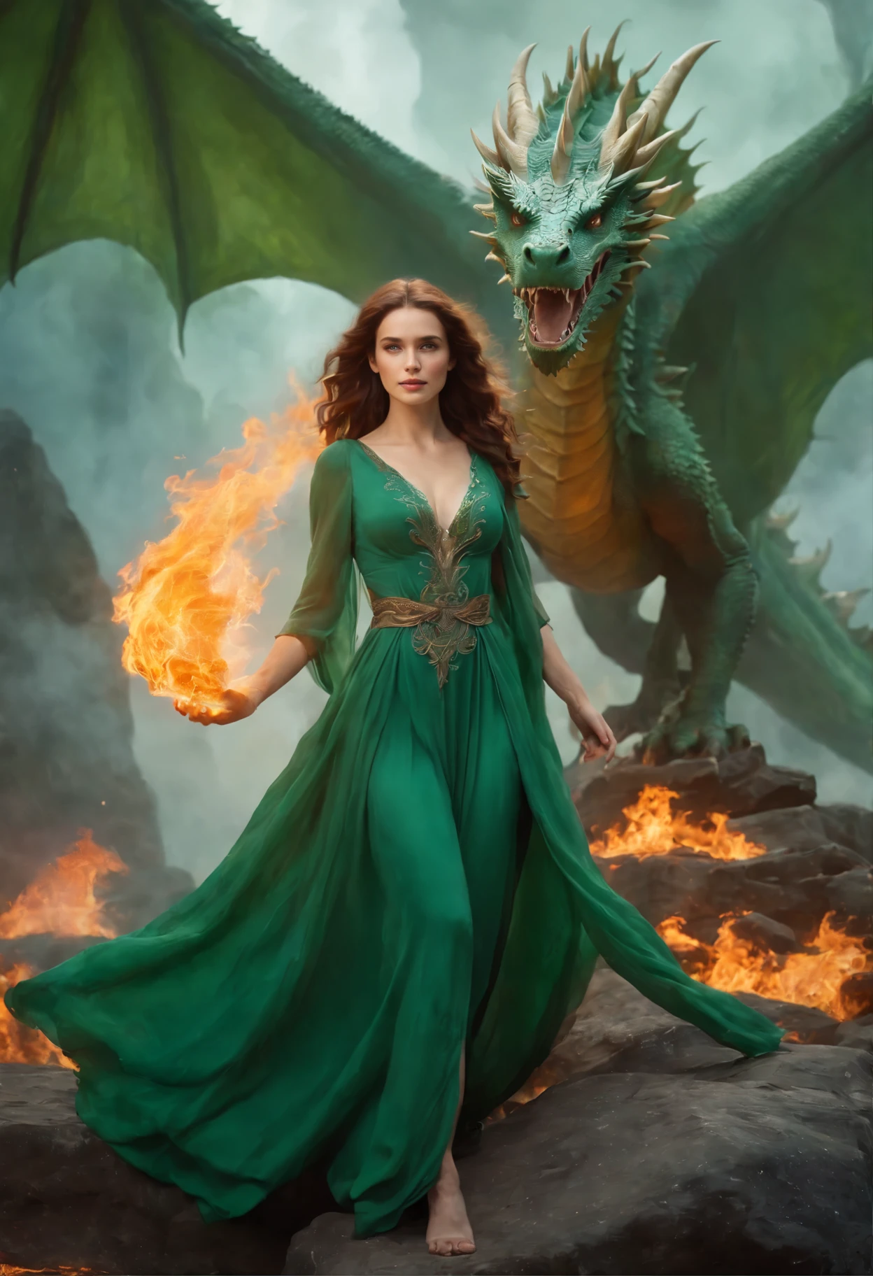 The painting shows a woman wearing a green dress、Woman with curly brown hair, Under the dragon standing on a rock ledge in the fire, Fire Goddess, Wonderful fiery mood, Fantastic digital painting, Magical colors and atmosphere, Get lost in a dreamy fairytale world, Magical colors and atmosphere, fiery glow, moody misty fantasy art, Standing in the mysterious forest, Fantasy Numbers, Dragon Calm, Dreamlike scene, Mysterious scene, Fire Queen