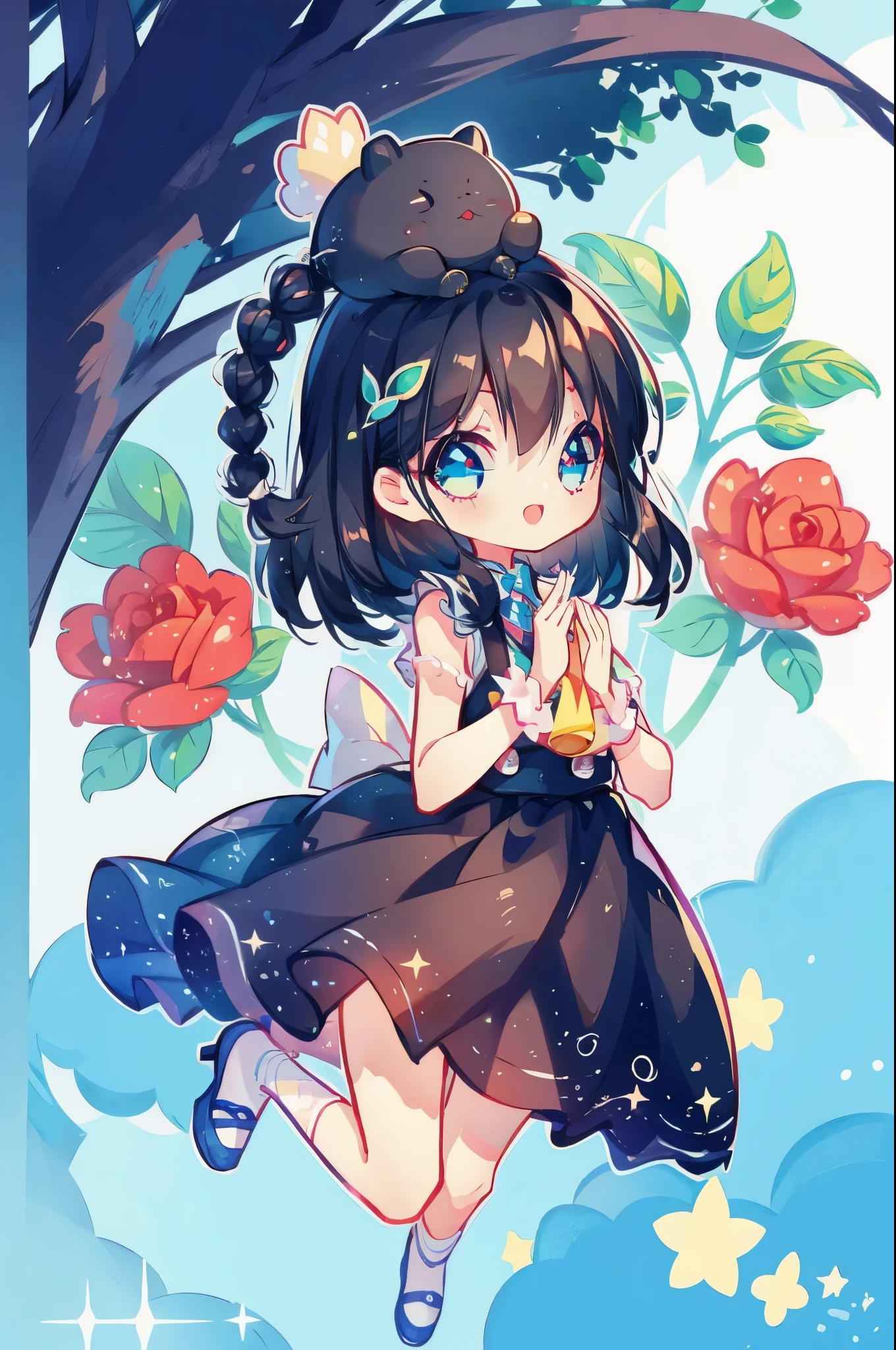The girl is、neat hair ornament、cute surreal body bien、black hair、(detailed eyes、eyes like jewels、sparkling eyes:1.3)、open mouth smile、blue sky、Cute shoes、garden、sunlight filtering through the foliage、smelling the rose flowers、Taken from the side