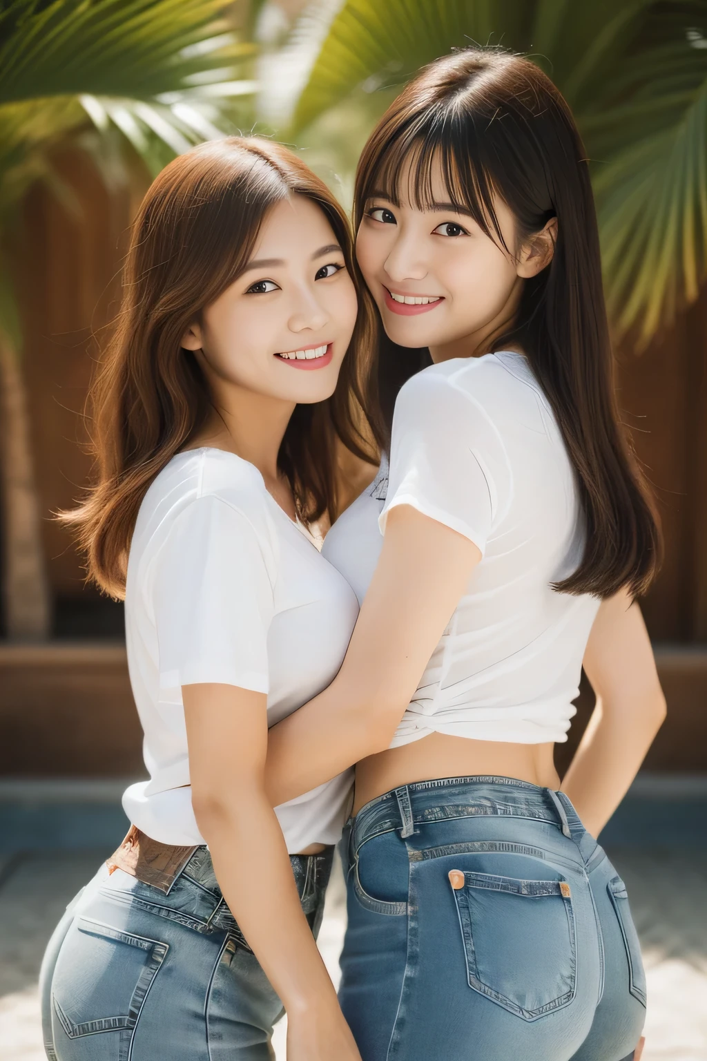 ((masterpiece)), ((high quality)), ((genuine)), ((8K)) ((two beautiful girls)) ,((White t-shirt and tight denim pants)), Japanese, 30 years old, Two Beauties, thin, sony slr photograph, looking at camera, cute, swimsuit, nature, genuine, take a pose, 超high quality, photograph, Good friend, big beauty, small beauty, parasol, String pan, thong bra, just the two of us, Palm tree, mole under eye, Moles around the mouth ((big breasts)) ,cowboy shot,((smile)) ((half up hair)) ((bronze hair)), cowboy shot