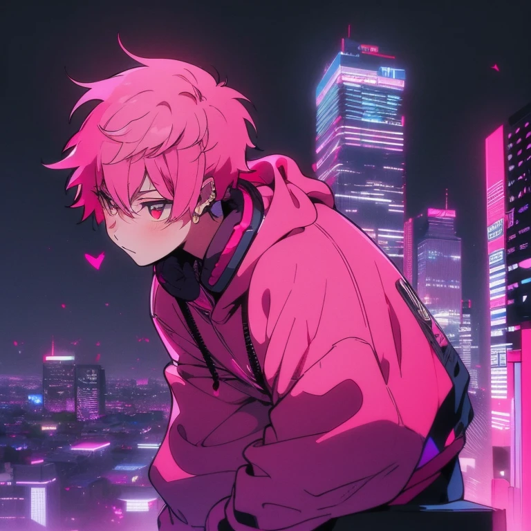 (shortcut), (two block hair), (bright pink hair), (male character), (red eyes), (cool pose), (top quality), (masterpiece), (Super detailed), (oversized hoodie), (Street style), (neon), (modern city), (neonデイライト), (cinematic), (stylish), (High resolution), (hyper-detailed), (soft town), (Nightcore), (a handsome guy), (wearing headphones and listening to music), (natural appearance of the building), (casual), (IG studio anime style), (standing pose), (Shooting from a low angle), (looking at the camera), (upward glance)