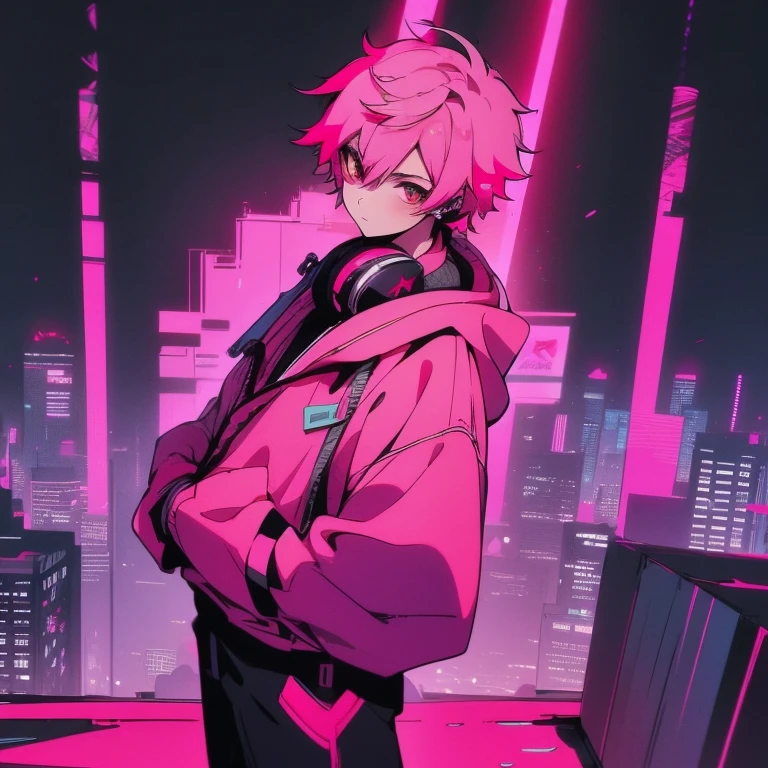 (shortcut), (two block hair), (bright pink hair), (male character), (red eyes), (cool pose), (top quality), (masterpiece), (Super detailed), (oversized hoodie), (Street style), (neon), (modern city), (neonデイライト), (cinematic), (stylish), (High resolution), (hyper-detailed), (soft town), (Nightcore), (a handsome guy), (wearing headphones and listening to music), (natural appearance of the building), (casual), (IG studio anime style), (standing pose), (Shooting from a low angle), (looking at the camera), (upward glance)