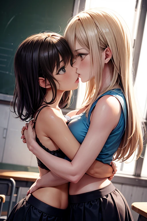 two  girls，angry look，equivalent height，In the classroom，Black and blonde hair，face each other and look at each other，hug each other，two bodies are close together，kiss、Picture of two people、Holding hands and facing each other、Photograph of two people facing each other、Push each other、Stick your boobs and boobs together