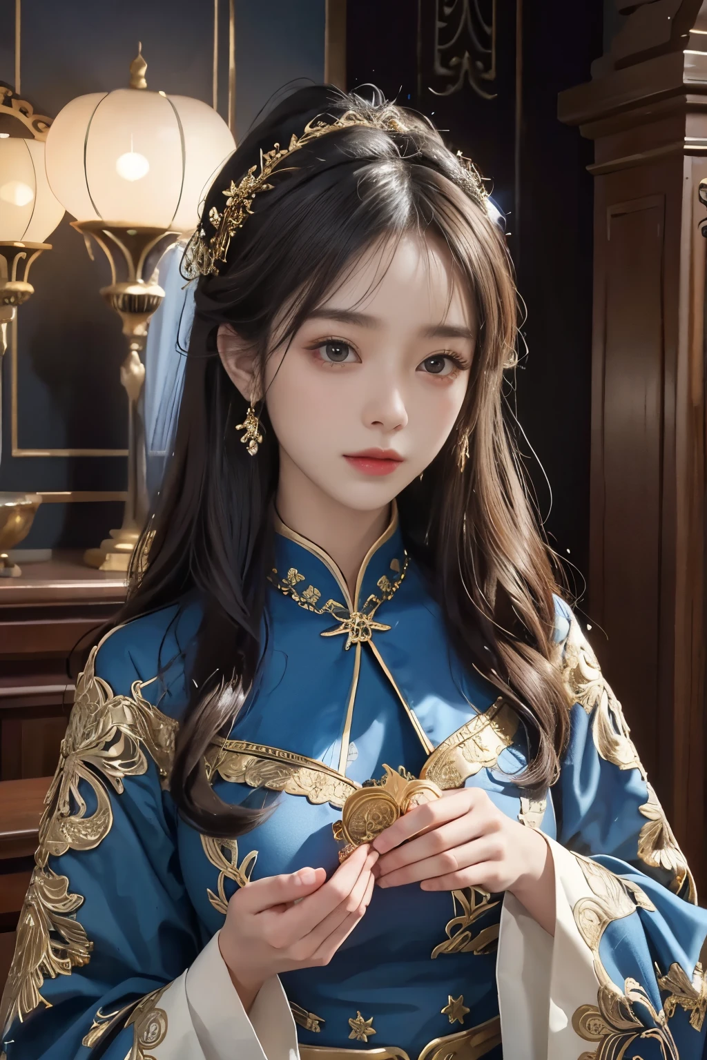 (masterpiece、highest quality、highest quality、official art、beautiful and aesthetic:1.2)、(1 girl)、extreme details、colorful、best details、official art、unity 8k wallpaper、Super detailed、beautiful and aesthetic、big boobs、masterpiece、highest quality、(zentangle、mandala、tangle、Entanglement)、holy light、gold foil、gold foilアート、Glitter painting、Blue costume、Perfect NwsjMajmagic、in the palace