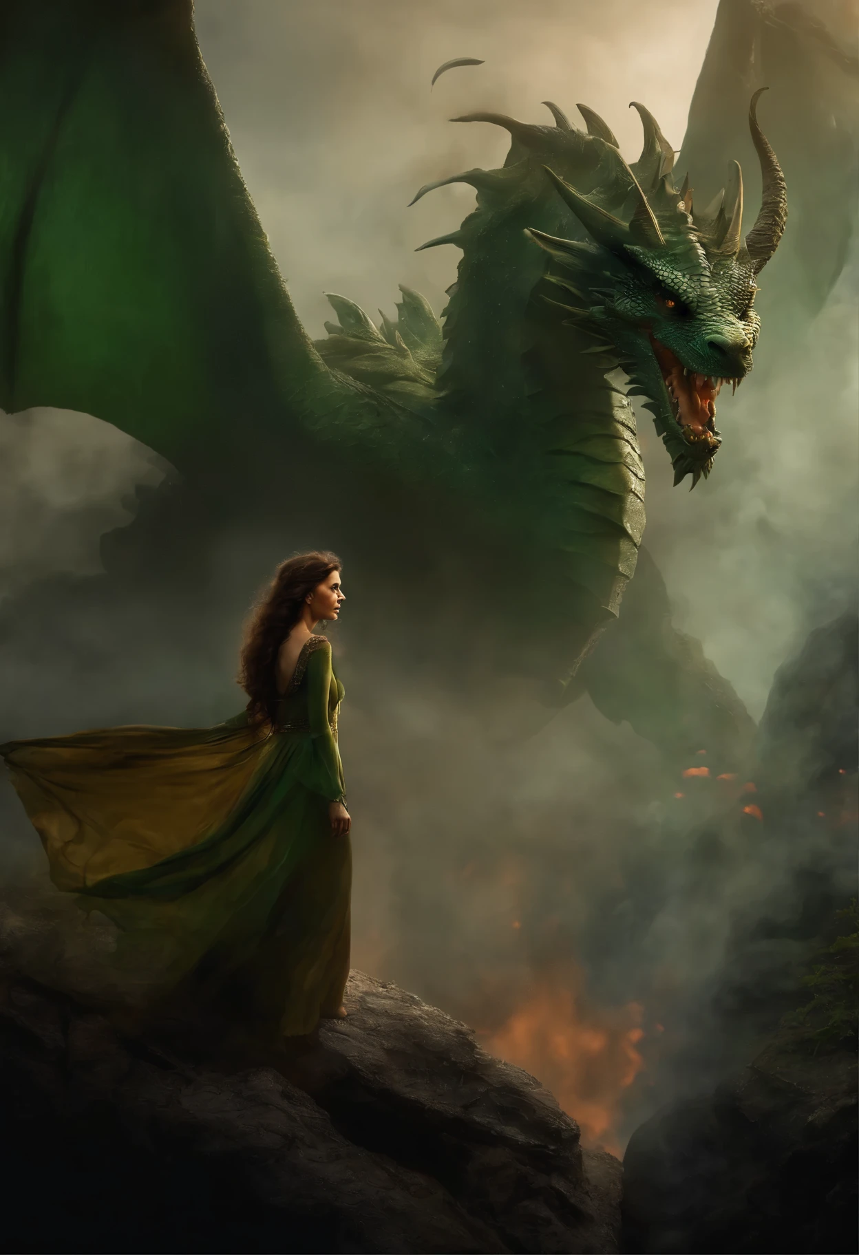 Painting of a woman with brown curls in a green dress, standing under a huge dragon on a rock-ledge in fire, Goddess of Fire, wonderful fiery mood, dreamlike digital painting, Magical colors and atmosphere, lost in a dreamy fairy landscape, Magical colors and atmosphere, Fiery light, moody foggy fantasy art, Standing in a mystical forest, Fantasy digital painting, dragon calm, Dreamy scene, Mystical scene, fire empress