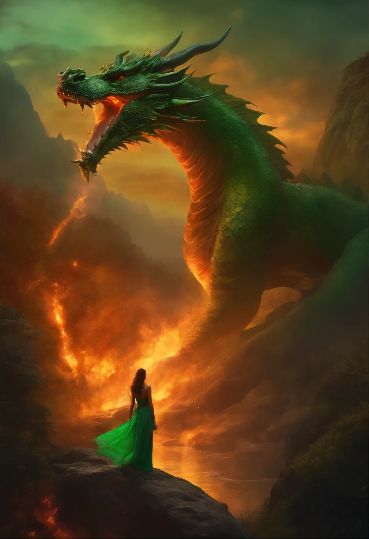 Painting of a woman with brown curls in a green dress, standing under a huge dragon on a rock-ledge in fire, Goddess of Fire, Fire Elemental, wonderful fiery mood, dreamlike digital painting, Magical colors and atmosphere, lost in a dreamy fairy landscape, Magical colors and atmosphere,  Fiery light, moody foggy fantasy art, Standing in a mystical forest, Fantasy digital painting, dragon calm, Dreamy scene, Mystical scene, fire empress