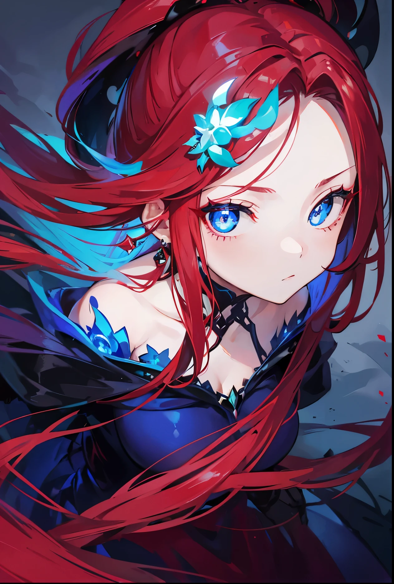 Blue pupils,Dark red and white gown,Long crimson hair,Extremely stunning,glow,super beautifulgirl