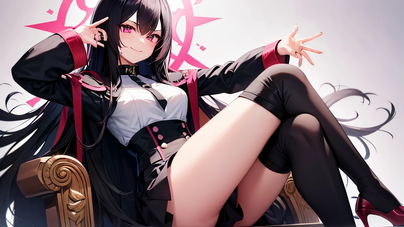 black hair　pink eyes　villain　smile　thighs　uniform　throne　long hair　