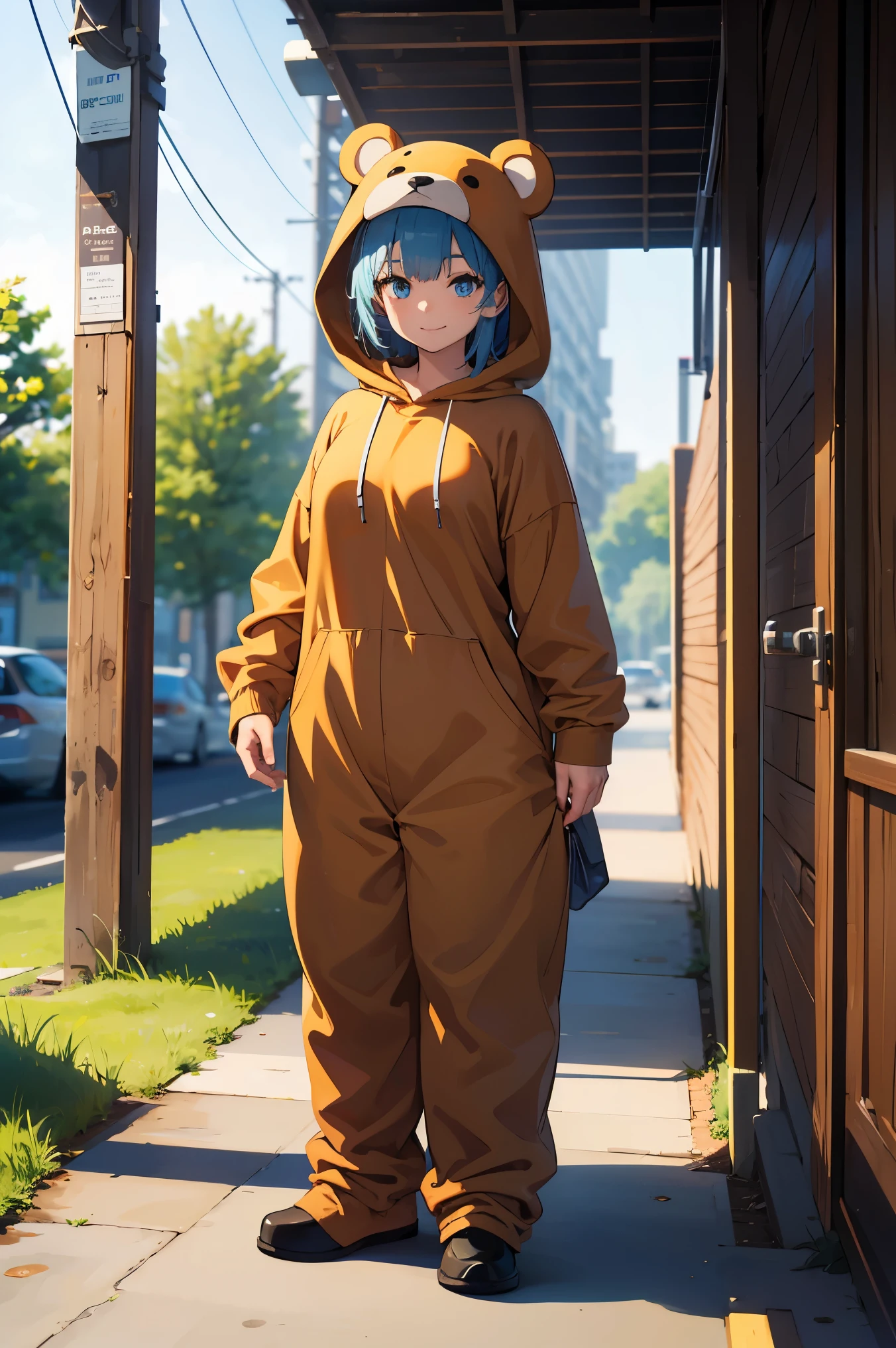 ((masterpiece, best quality, ultra-detailed, very fine 8KCG wallpapers)), 1girl, solo, medium breasts, bear costume, short hair, pale blue hair, blue eyes, smile, hairclip, long sleeves, hood up, full body, standing, (brown bear costume:1.2), nice hands, perfect hands,