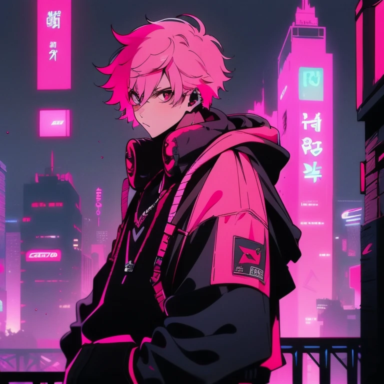 (shortcut), (two block hair), (bright pink hair), (male character), (red eyes), (cool pose), (top quality), (masterpiece), (Super detailed), (oversized hoodie), (Street style), (neon), (modern city), (neonデイライト), (cinematic), (stylish), (High resolution), (hyper-detailed), (soft town), (Nightcore), (a handsome guy), (wearing headphones and listening to music), (natural appearance of the building), (casual), (IG studio anime style), (standing pose), (Shooting from a low angle), (looking at the camera), (upward glance)