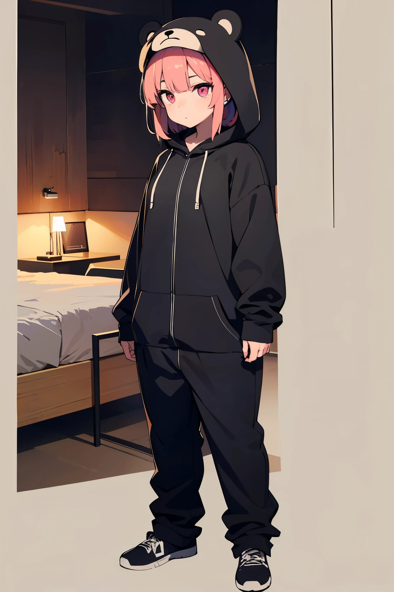 ((masterpiece, best quality, ultra-detailed, very fine 8KCG wallpapers)), 1girl, solo, medium breasts, bear costume, short hair, pale pink hair, pink eyes, closed mouth, hairclip, long sleeves, hood up, full body, standing, black bear costume, nice hands, perfect hands,