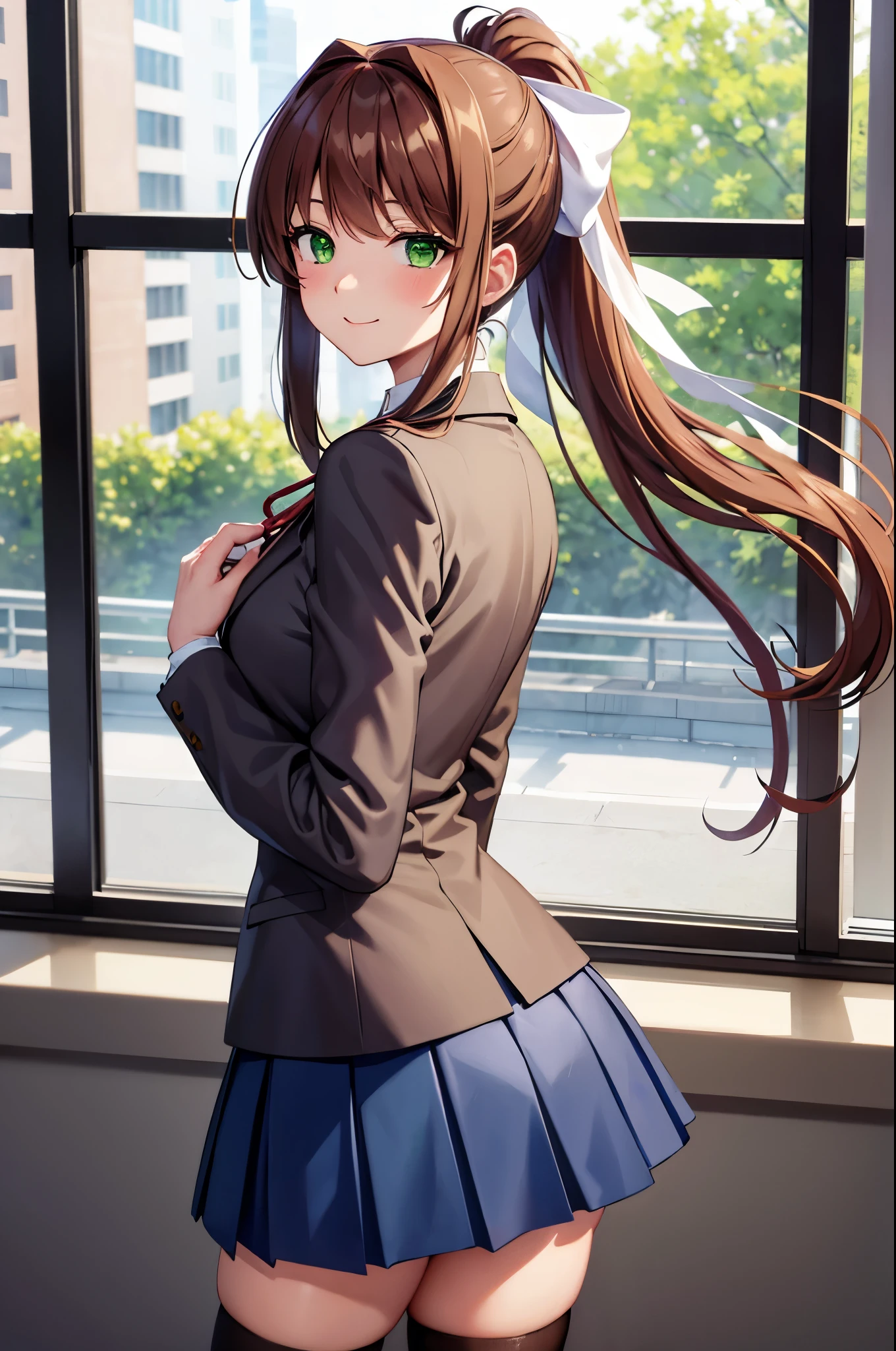 (masterpiece), best quality, expressive eyes, perfect face, highres, ddlcmonika, blunt bangs, brown hair, (green eyes:1.5), long hair, ponytail, ribbon, white ribbon, hair ribbon, sidelocks, black thighhighs, blue skirt, brown jacket, jacket, long sleeves, mary janes, over-kneehighs, pleated skirt, school uniform, shoes, skirt, thighhighs, zettai ryouiki, smiling, indoors, classroom background, stanidng, portrait, looking at the viewer, from behind and frontal, butt
