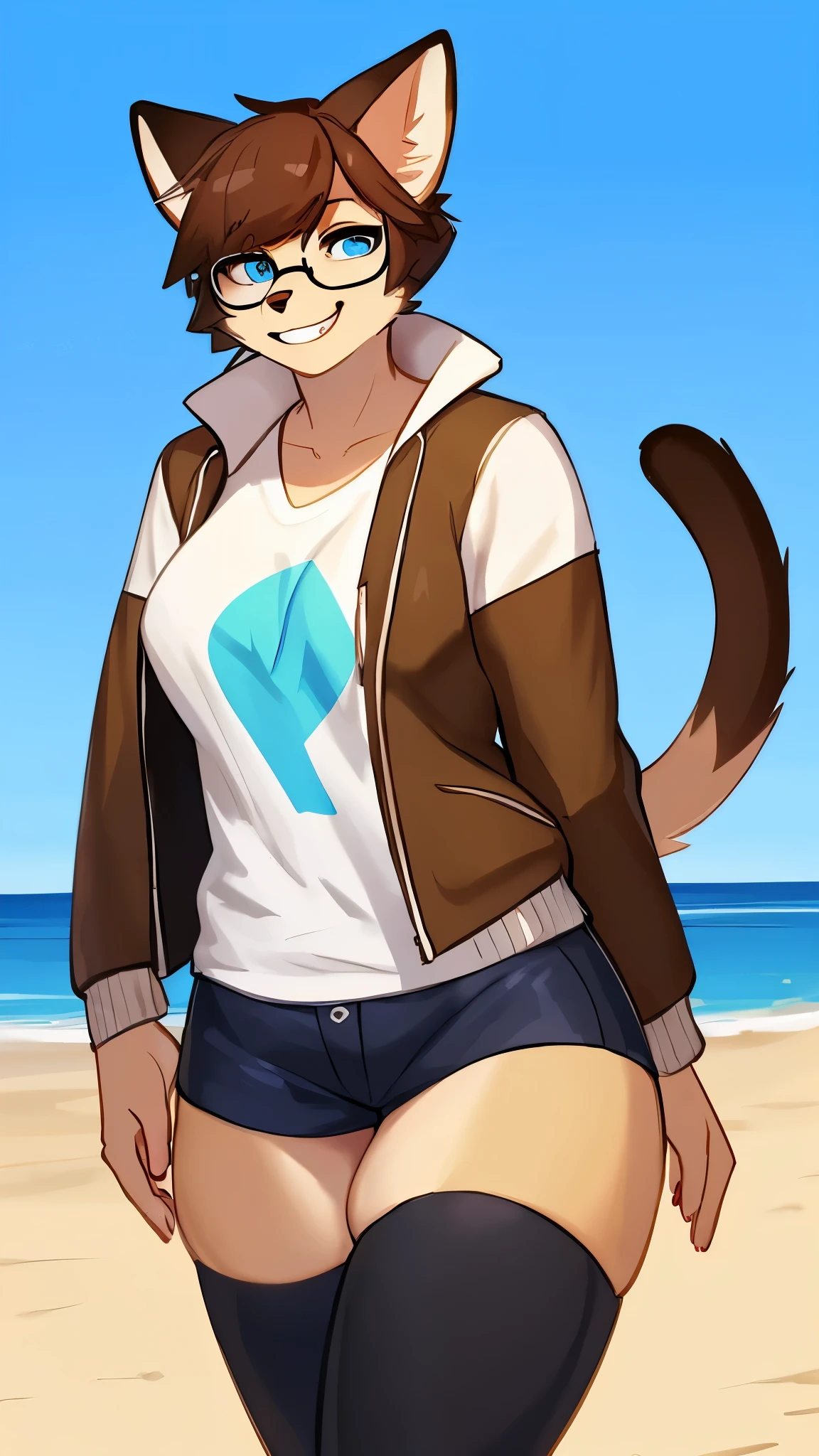 By bebebebebe, by lostgoose, by goonie-san, solo, snout, ears, feline, siamese cat, pale blue eyes, brown hair, short hair, hair bangs, muscular, smiling, happy, ((curvy)), brown upper face, offwhite fur, female, (adult, mature), graphic tee shirt, short shorts, black thigh-highs, (convas jacket), ((rectangular glasses))