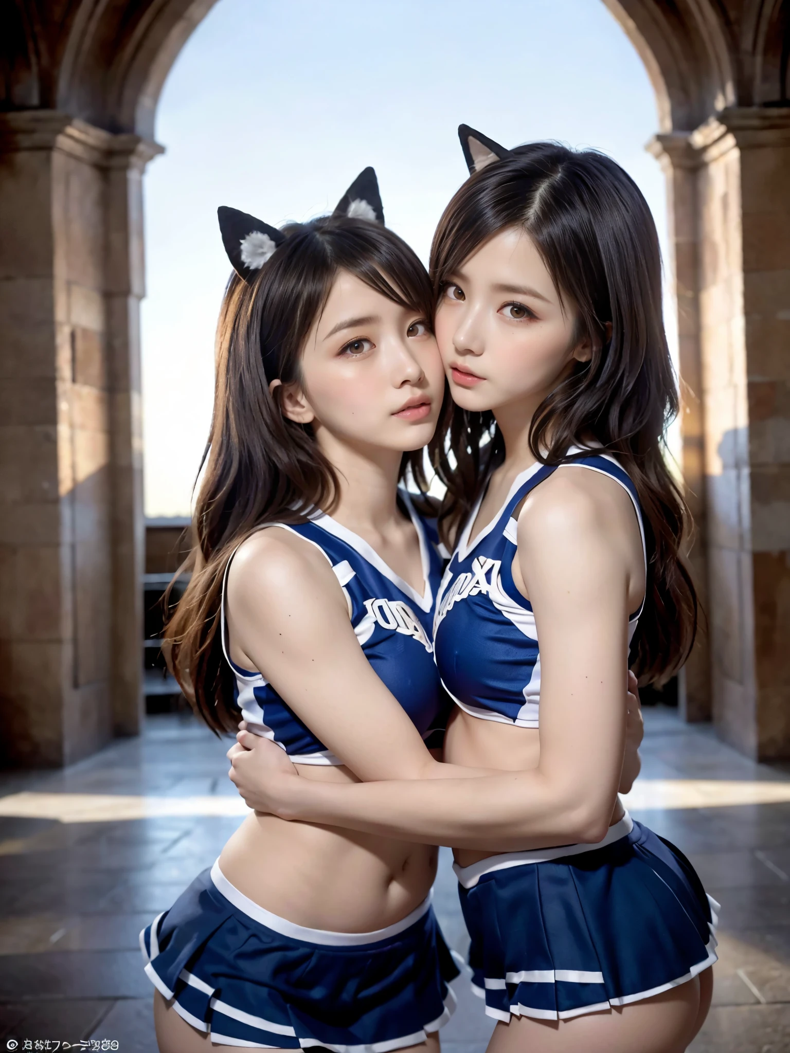 (8k, RAW photo, best quality, masterpiece:1.2), (realistic, photo-realistic:1.37), ultra-detailed, (high detailed skin:1.2), high quality, professional lighting, physically-based rendering photo of 20 years women, perfect body, Super detailed cute face, Super beautiful detailed eyes, black symmetric eyes, (Slender body:1.2), ((Blue Cheerleader:1.3, fake fox ears:1.3)), (Cheerleader outfit:1.37), break, dark brown hair, semi-long hair, (Fine face:1.2), glossy lips, Highly detailed skin texture, break, (Beautiful medium :1.2), break, (2women hug:1.3), (lip to lip):1.3, ((extremely The background is the interior of a deserted Gothic church)), back shot, high angle:1.2, eye contact:1.37, incoming kiss:1.37