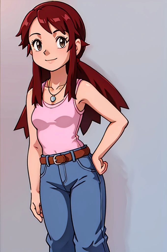 Melody, 1girl, solo, breasts, looking at viewer, smile, simple background, shirt, white background, holding, jewelry, closed mouth, standing, collarbone, full body, sleeveless, belt, pants, hand up, necklace, hand on hip, brown eyes, bare arms, sleeveless shirt, pink shirt, blue pants, close up, medium breast 