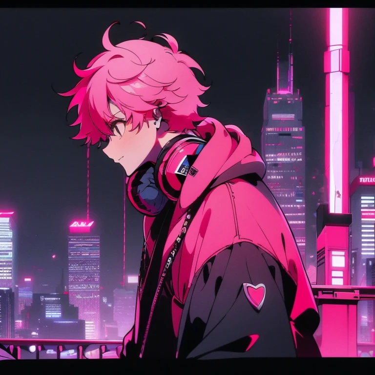 (shortcut), (two block hair), (bright pink hair), (male character), (red eyes), (cool pose), (top quality), (masterpiece), (Super detailed), (oversized hoodie), (Street style), (neon), (modern city), (neonデイライト), (cinematic), (stylish), (High resolution), (hyper-detailed), (soft town), (Nightcore), (a handsome guy), (wearing headphones and listening to music), (natural appearance of the building), (casual), (IG studio anime style), (standing pose), (Shooting from a low angle), (looking at the camera), (upward glance), (With a smile)