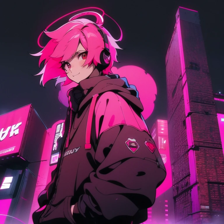(shortcut), (two block hair), (bright pink hair), (male character), (red eyes), (cool pose), (top quality), (masterpiece), (Super detailed), (oversized hoodie), (Street style), (neon), (modern city), (neonデイライト), (cinematic), (stylish), (High resolution), (hyper-detailed), (soft town), (Nightcore), (a handsome guy), (wearing headphones and listening to music), (natural appearance of the building), (casual), (IG studio anime style), (standing pose), (Shooting from a low angle), (looking at the camera), (upward glance), (With a smile)