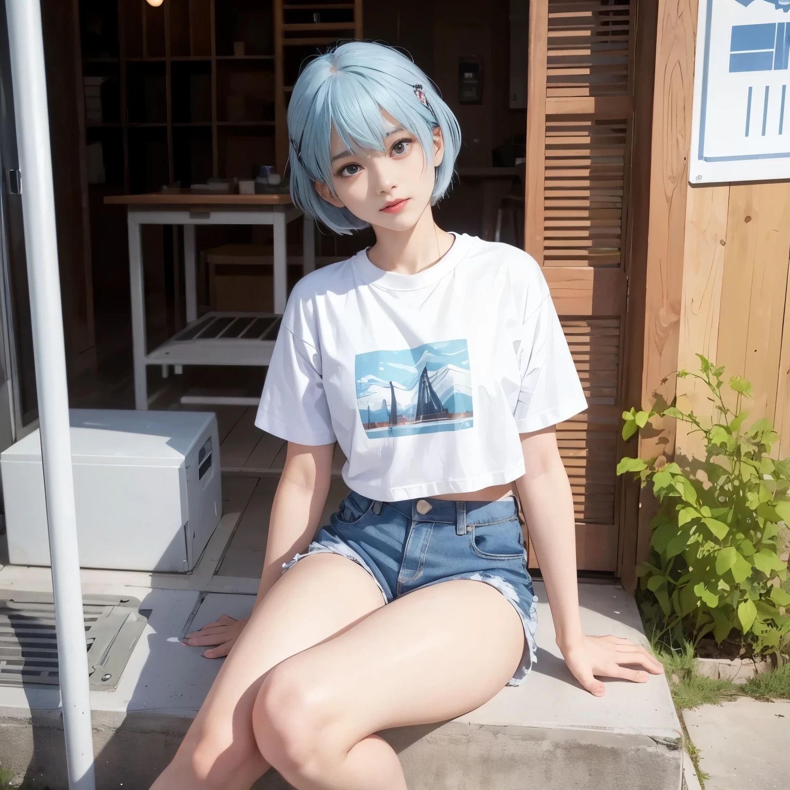 Rei Ayanami、Summer day、T-shirt、shorts、sitting
