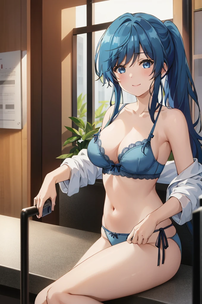 highest quality, (Masterpiece:1.2), detailed, 1girl、solo、smile、closed mouth、 blue hair、blue eyes、long hair、ponytail、big breasts blue underwear、Bra with lace、Panties with ruffles、 BREAK SEE VIEWER、 In underwear、in nature、blush、sexy pose