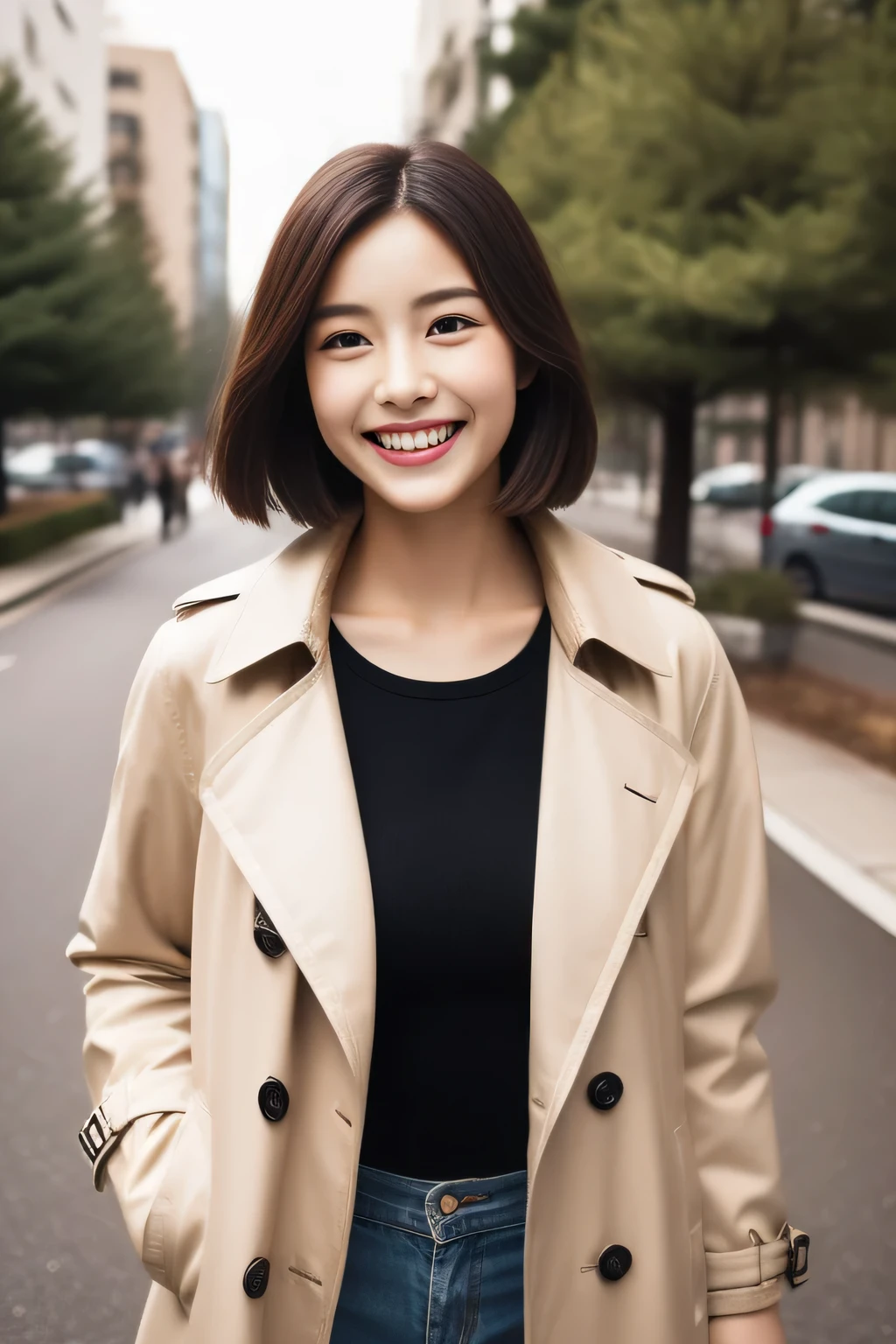 The face is a hostess、trench coat、high quality、surreal、healthy、smile、Perfect slender figure、Japanese beauty ace perfect、beautiful skin、Upper body、Christmas tree、street