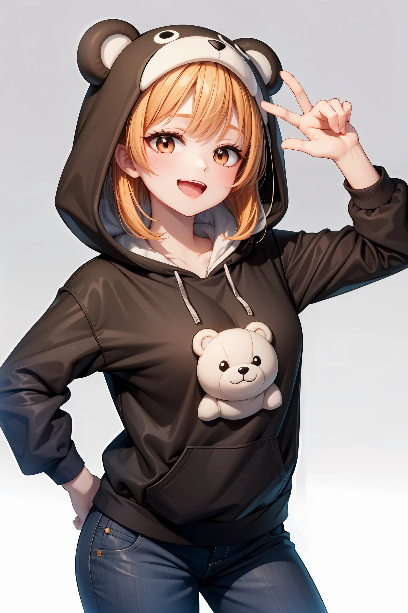 ((masterpiece, best quality, ultra-detailed, very fine 8KCG wallpapers)), 1girl, solo, small breasts, bear costume, medium hair, orange hair, brown eyes, smile, :D, open mouth, long sleeves, hood up, white bear costume, nice hands, perfect hands,