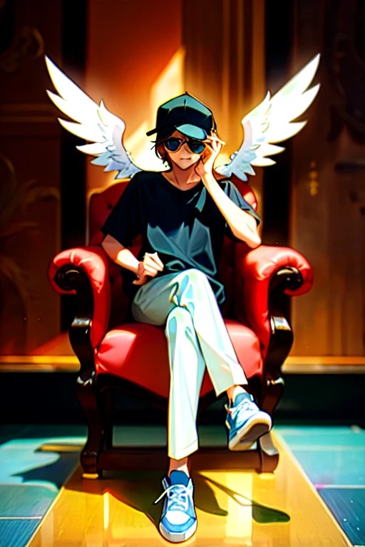 Create a 3D illusion for a WhatsApp profile picture where a boy in a black shirt sits casually on a Wingback Chair. Wearing sneakers, a black cricket cap, and sunglasses, he looks ahead. The background features "KISAN "in big and capital white fonts on the black wall. There should not be his shadow, and there are wings to make it appear as if he is an angel